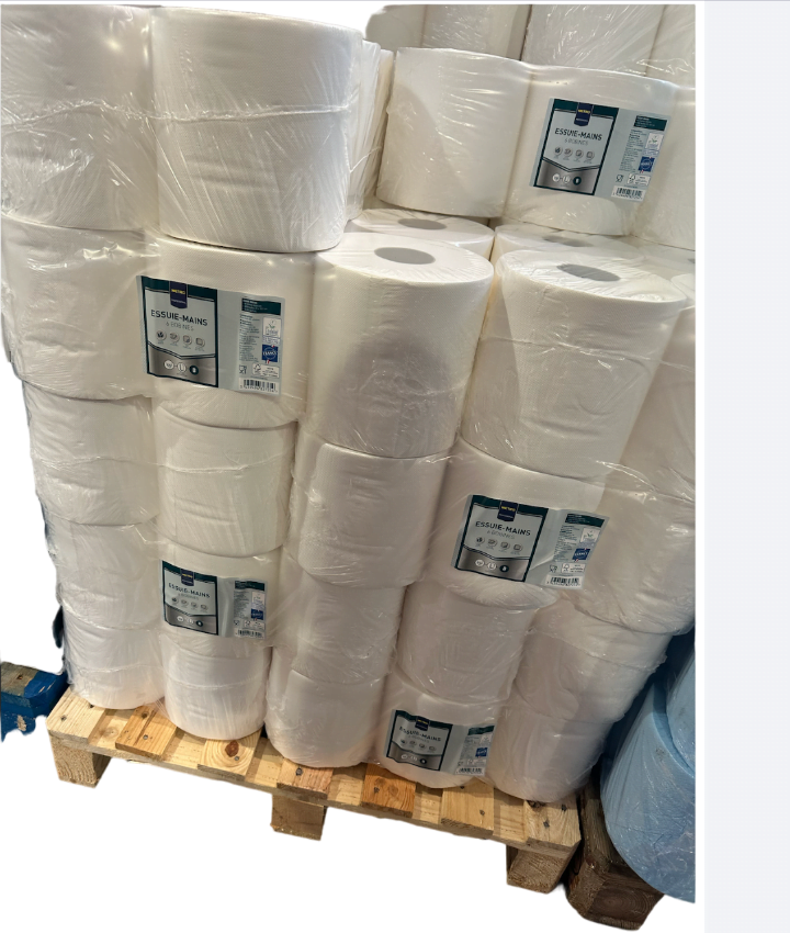 Palette de 48 Lots de Bobines Essuie-Mains Blanc – 450 Feuilles Micro-Gaufrées – offre alimentaire.